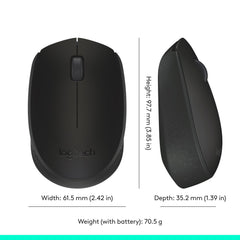 Logitech M171 wireless mouse in black showing top and side view with dimensions and weight
