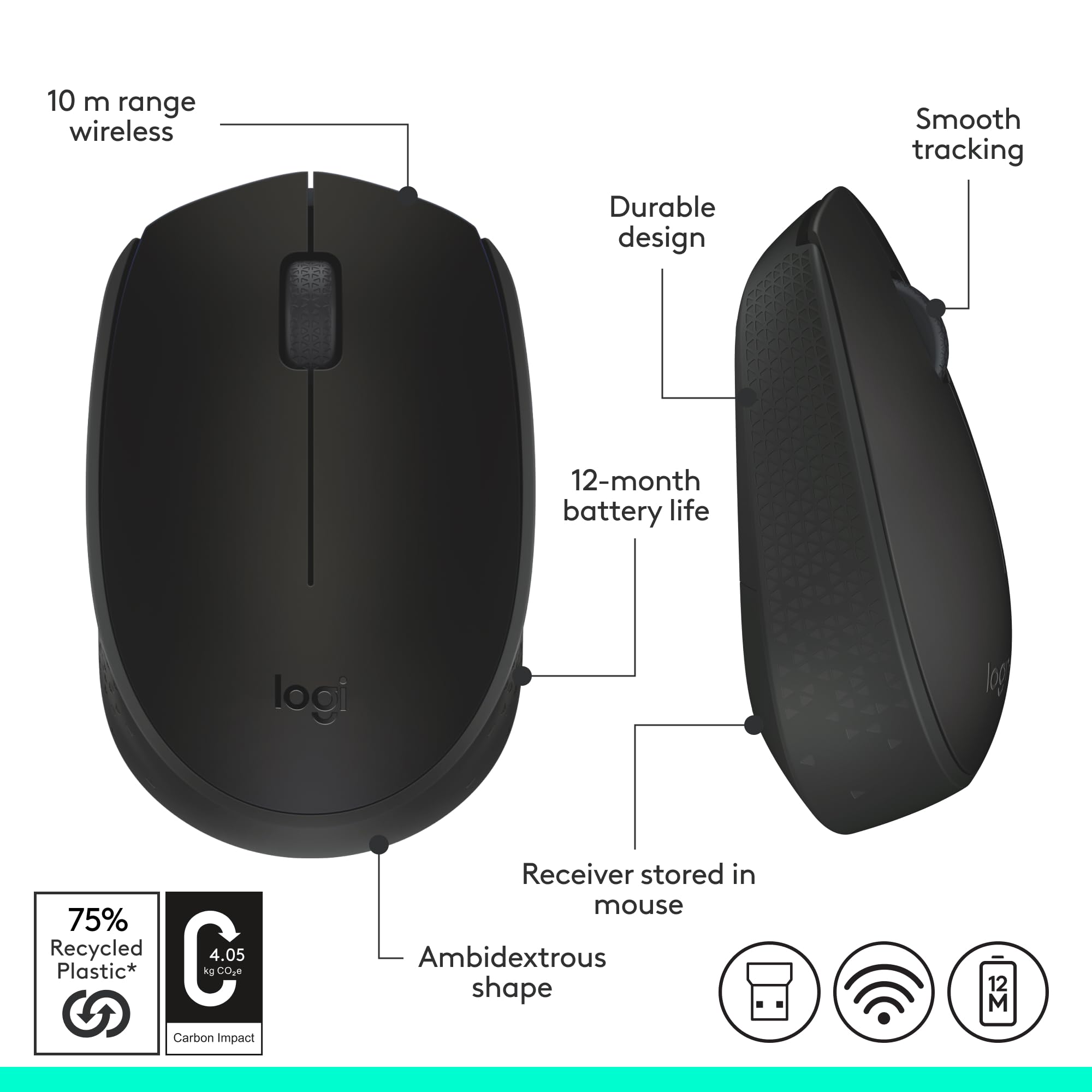 Logitech M171 wireless mouse in black with ambidextrous shape and 12 month battery life