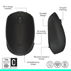 Logitech M171 wireless mouse in black with ambidextrous shape and 12 month battery life