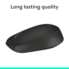 Black Logitech M171 wireless mouse with ergonomic design and long lasting quality