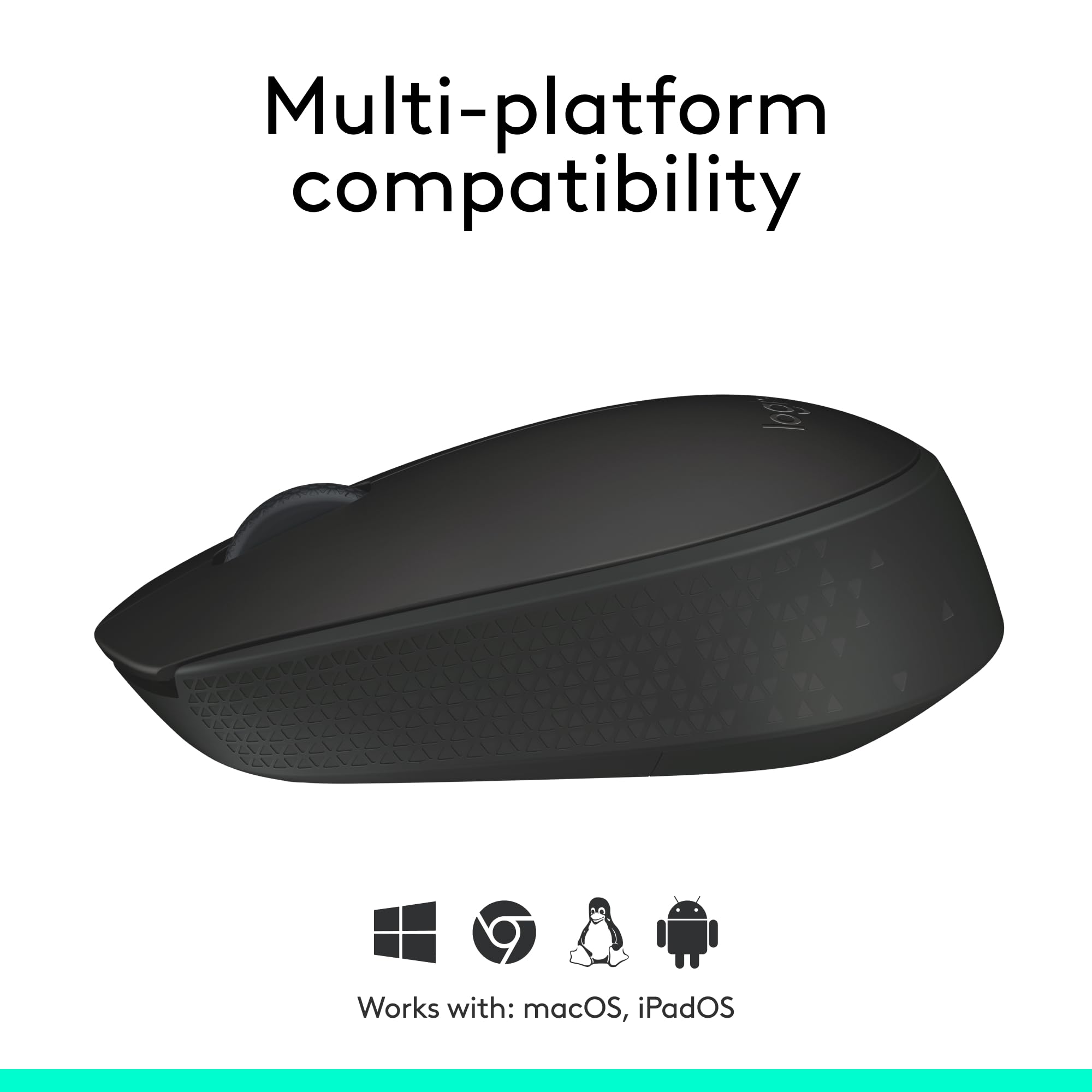 Logitech M171 wireless mouse in black with ergonomic design and multi-platform compatibility