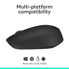 Logitech M171 wireless mouse in black with ergonomic design and multi-platform compatibility