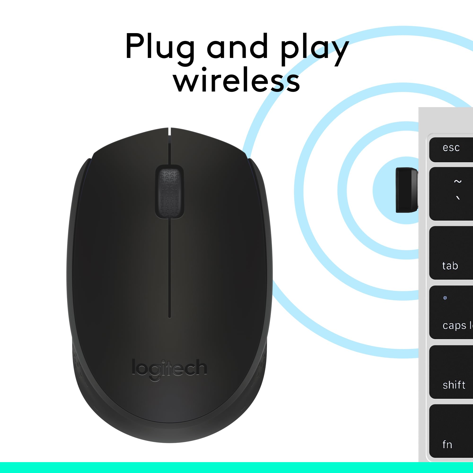 Logitech M171 wireless mouse in black with plug and play wireless connectivity next to laptop keyboard