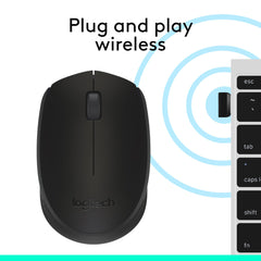 Logitech M171 wireless mouse in black with plug and play wireless connectivity next to laptop keyboard