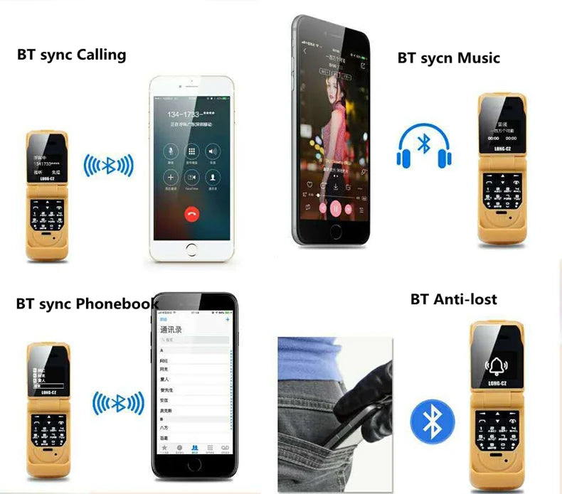 Gold mini flip phone bluetooth paired with smartphone showing calling music phonebook and anti lost features