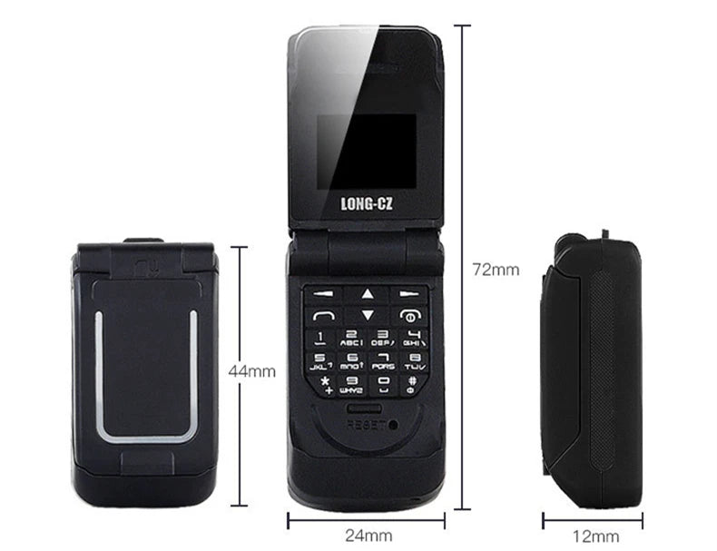 Mumzar mini flip phone bluetooth shown open and closed in black with numeric keypad and compact dimensions