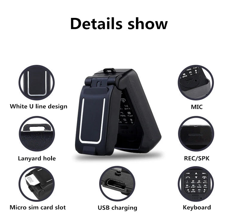 Mumzar compact black mini flip phone bluetooth with external display, USB charging, micro SIM slot, keypad
