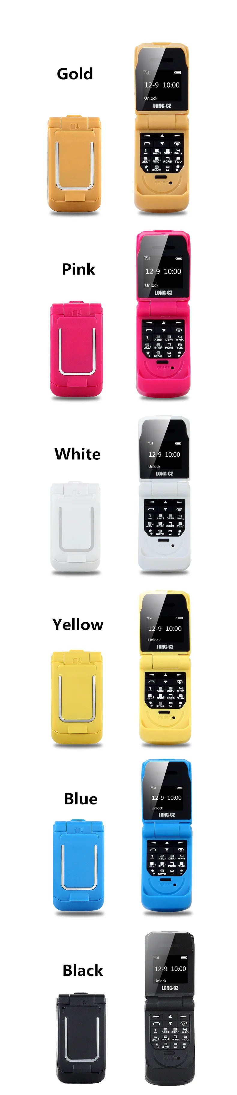 Mumzar mini flip phone bluetooth in six color options gold pink white yellow blue black compact keypad