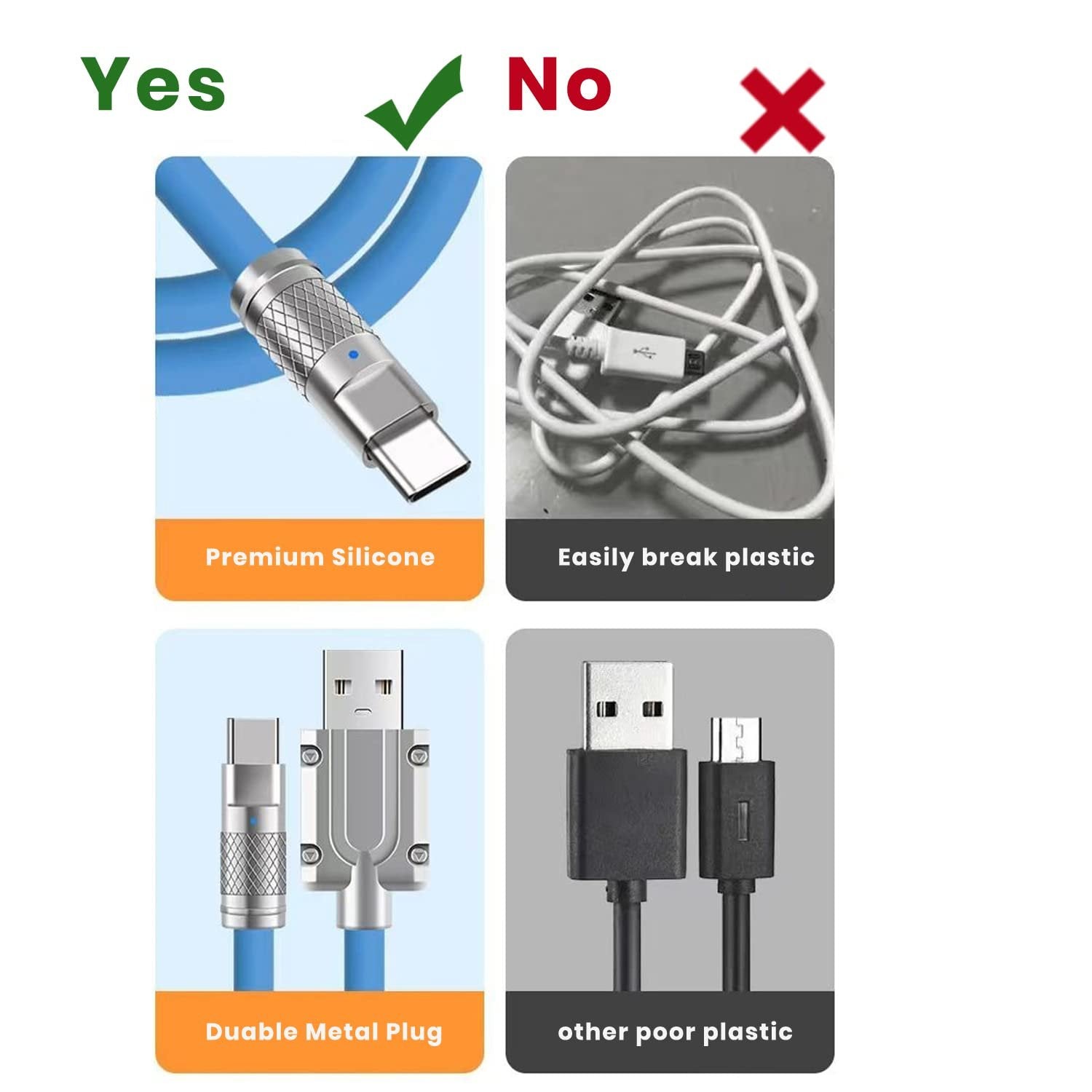 Comparison of Huitich long magnetic fast charge cable with premium silicone and double metal plug versus poor plastic cables