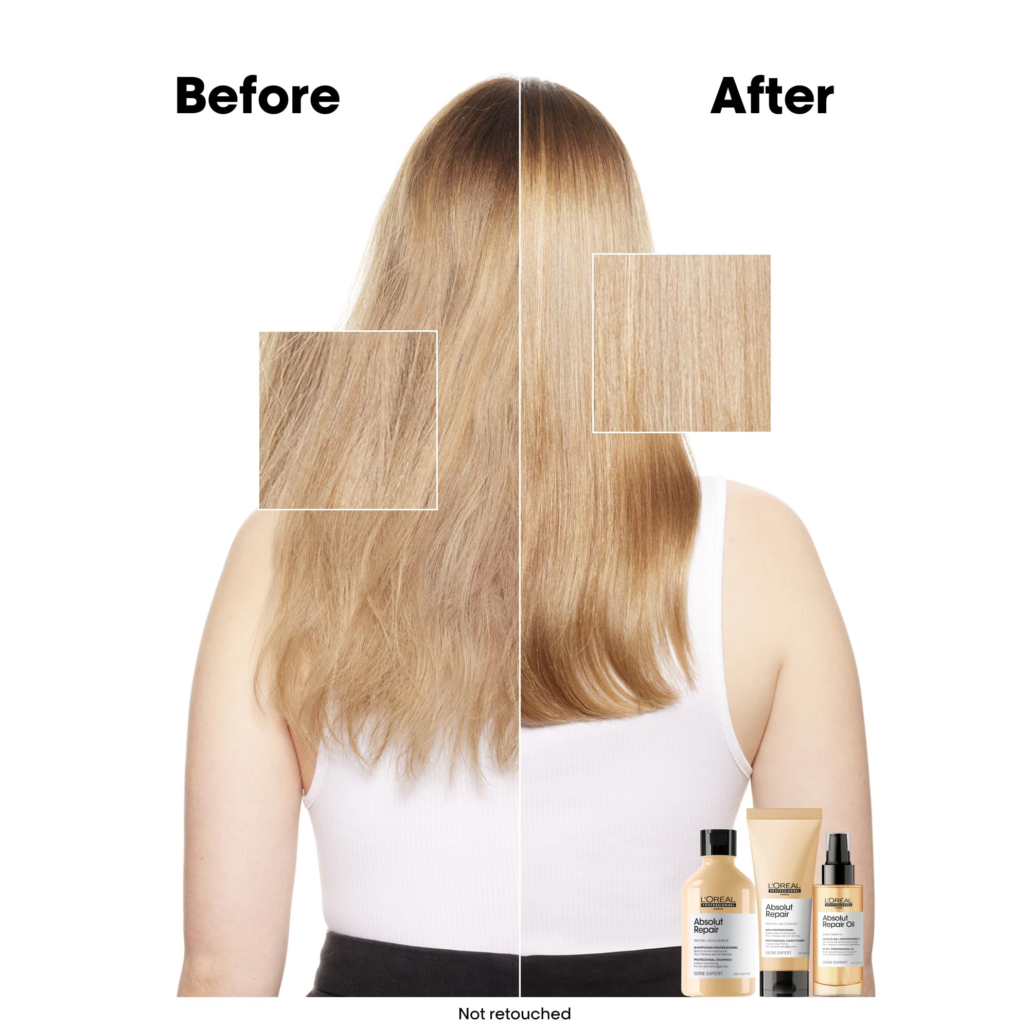 Before and after results using L'Oréal Absolut Repair Conditioner UAE for smoother, healthier hair