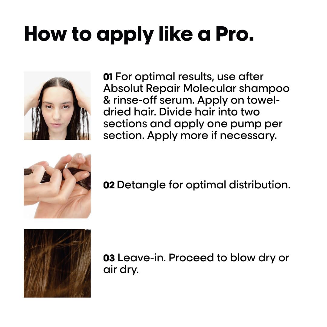 Instructions for L’Oréal Absolut Repair Molecular Leave-In Mask application for optimal hair care results
