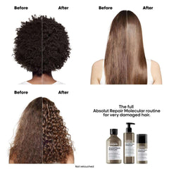 Before and after results showcasing L’Oréal Absolut Repair Molecular Leave-In Mask for damaged hair