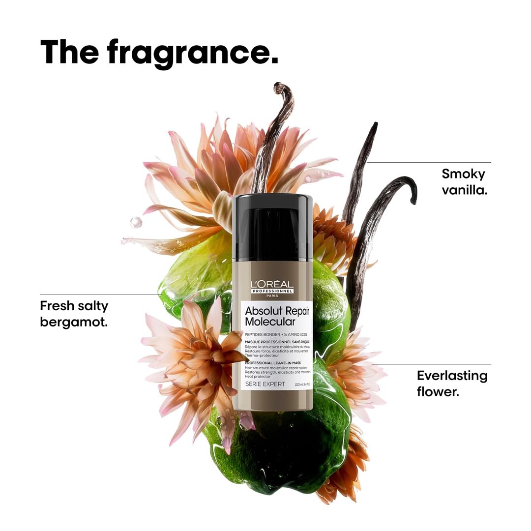 L’Oréal Absolut Repair Molecular Leave-In Mask with floral design featuring bergamot and vanilla notes