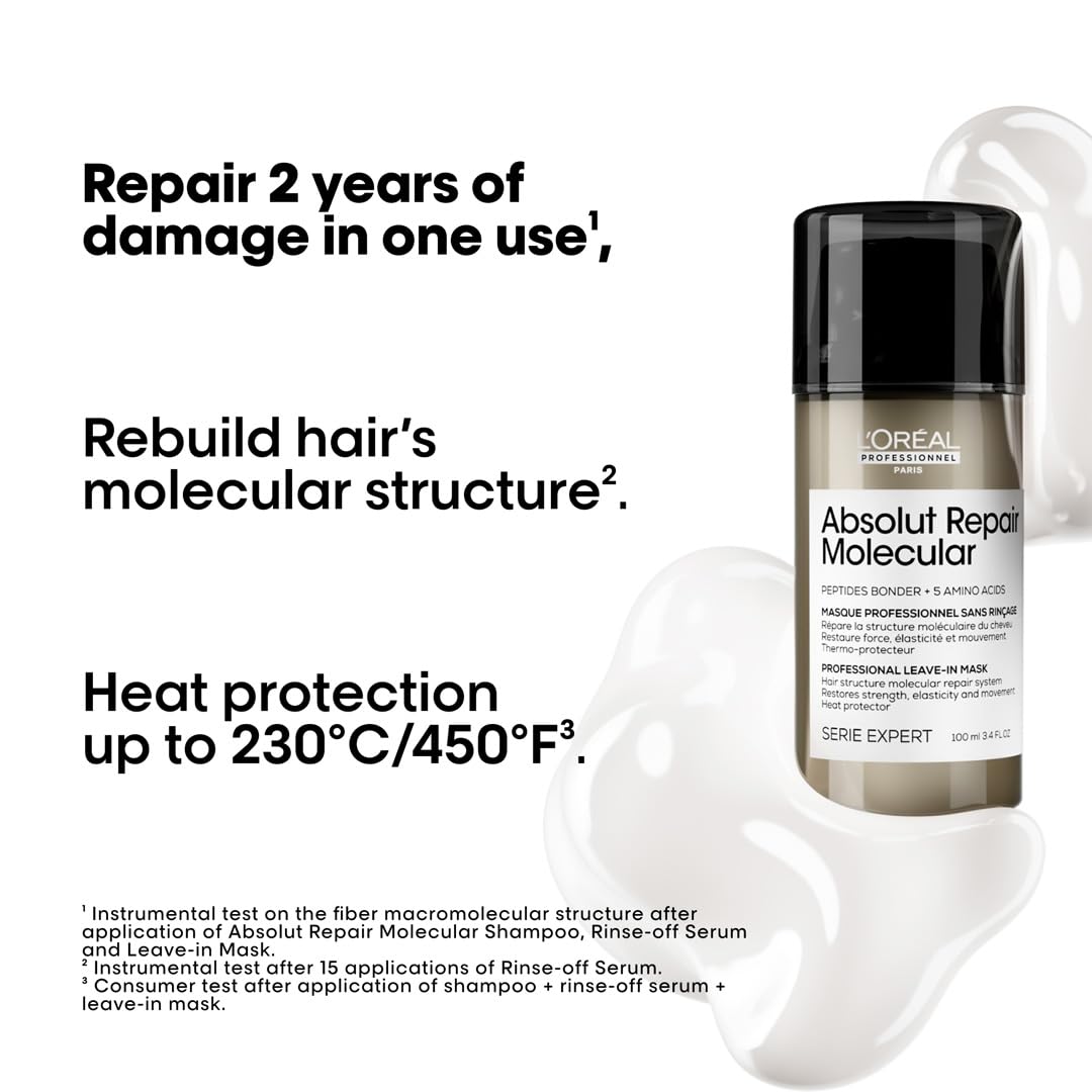L’Oréal Absolut Repair Molecular Leave-In Mask for repairing hair damage with heat protection up to 450°F