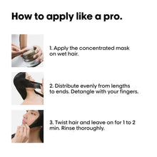 Hair repair rinse mask how-to steps: apply on wet hair, detangle, rinse