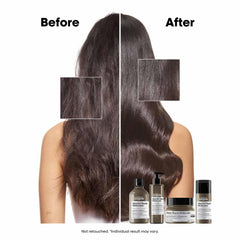 Before and after using L'Oréal Absolut Repair Molecular Mask showing smoother, healthier hair