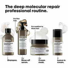 Hair repair molecular routine set showing shampoo, serum, cream mask, and jar