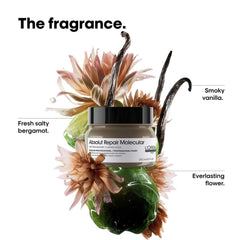 L'Oréal Absolut Repair Molecular Mask in a jar surrounded by floral and botanical elements