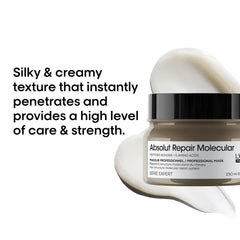 L'Oréal Absolut Repair Molecular Mask in a jar highlighting its creamy texture for hair strength and repair