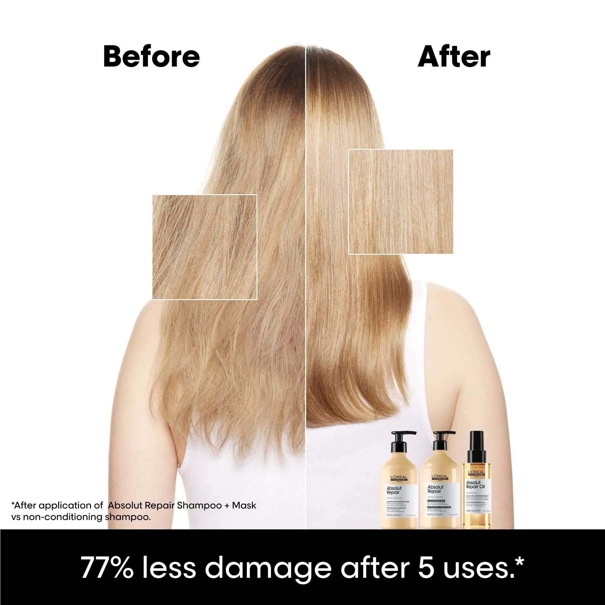 Before and after results showing hair improvement using L'Oreal Absolut Repair Shampoo 500ml for damaged hair