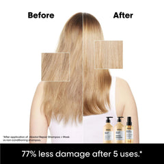 Before and after results showing hair improvement using L'Oreal Absolut Repair Shampoo 500ml for damaged hair