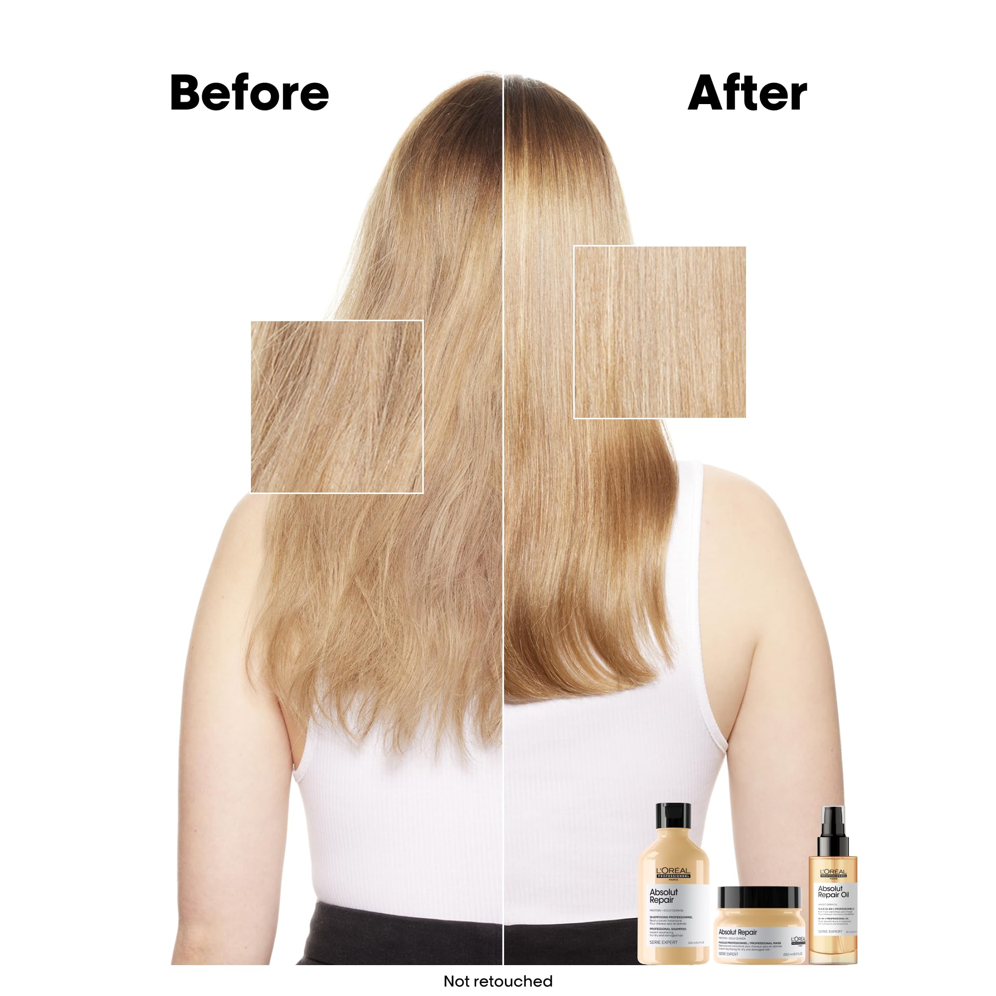 Before and after results showcasing L'Oreal Absolut Repair Shampoo for dry damaged hair on sleek, healthy hair