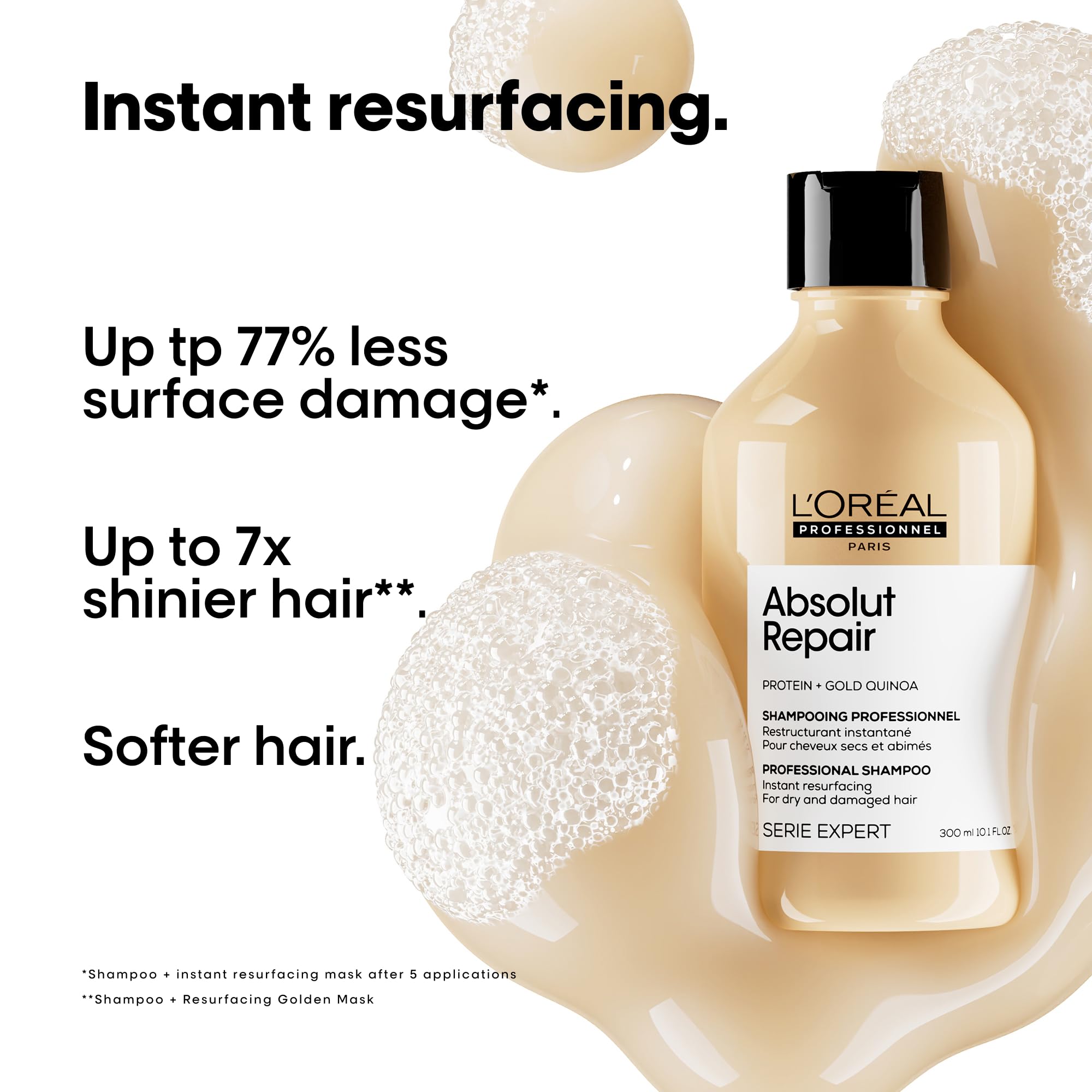 L'Oreal Absolut Repair Shampoo for dry damaged hair in a bottle with rich lather and benefits listed