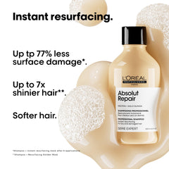 L'Oreal Absolut Repair Shampoo for dry damaged hair in a bottle with rich lather and benefits listed