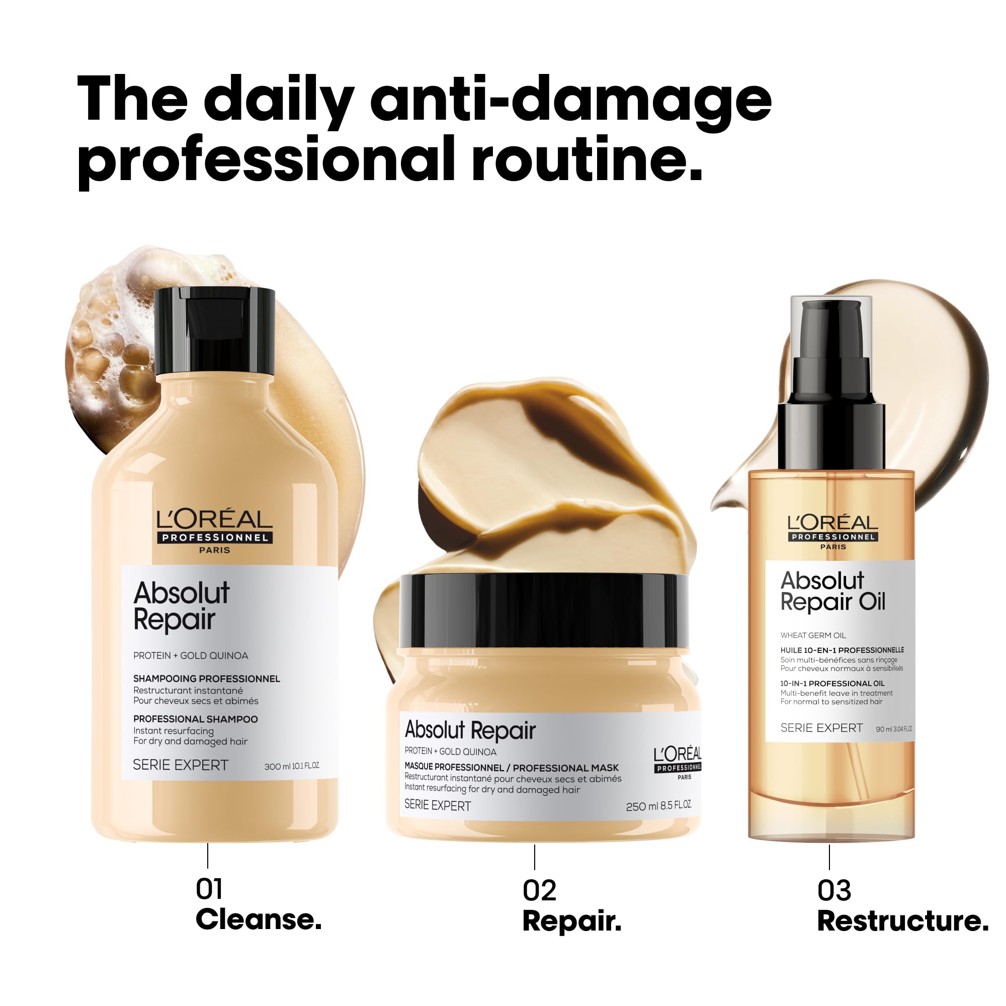L'Oreal Absolut Repair Shampoo for dry damaged hair with accompanying repair oil and mask for daily routine