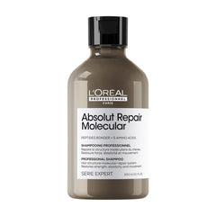 L'Oréal Absolute Molecular Repair Shampoo in a sleek bottle for restoring hair's structure and elasticity