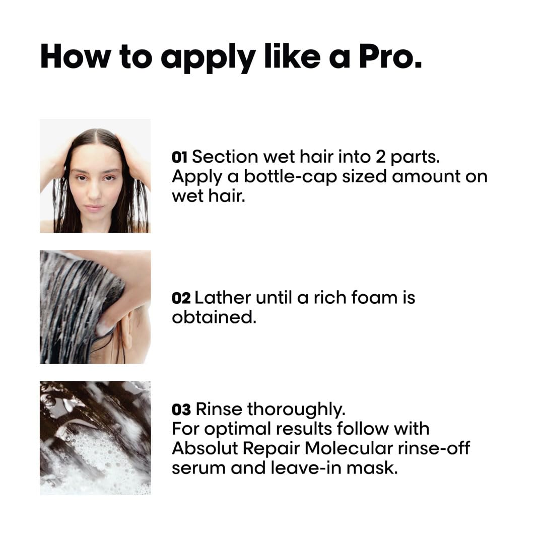 How to apply L'Oréal Absolute Molecular Repair Shampoo: section hair, lather, and rinse for best results