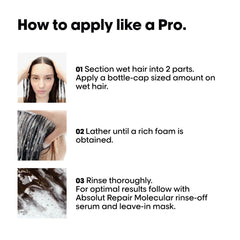 How to apply L'Oréal Absolute Molecular Repair Shampoo: section hair, lather, and rinse for best results