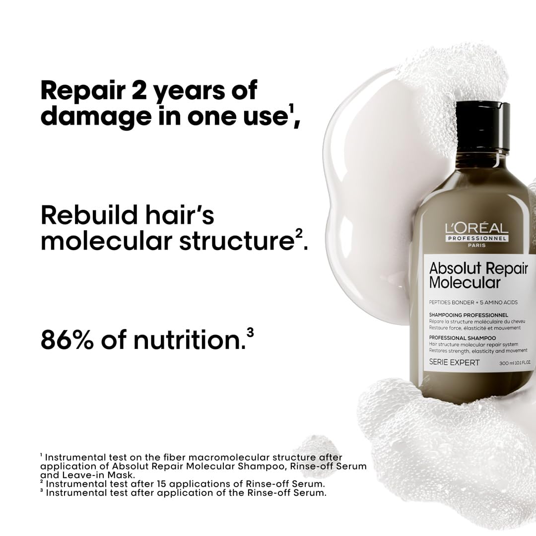 L'Oréal Absolute Molecular Repair Shampoo bottle with creamy texture showcasing hair repair benefits