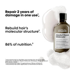 L'Oréal Absolute Molecular Repair Shampoo bottle with creamy texture showcasing hair repair benefits