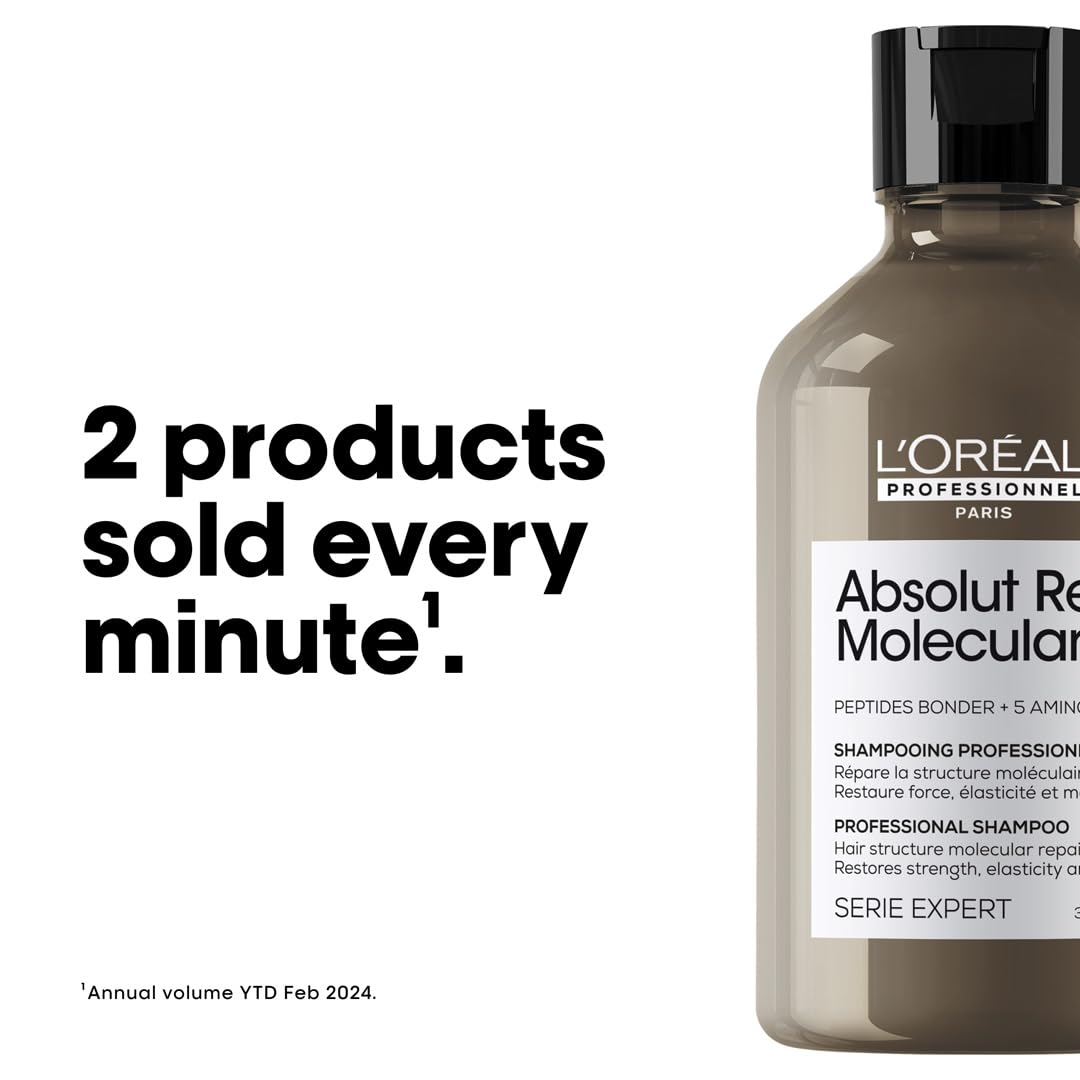 L'Oréal Absolute Molecular Repair Shampoo in a sleek bottle for restoring hair strength and elasticity