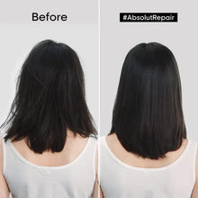 Back view of dark, shoulder-length hair showing before and after smoother strands