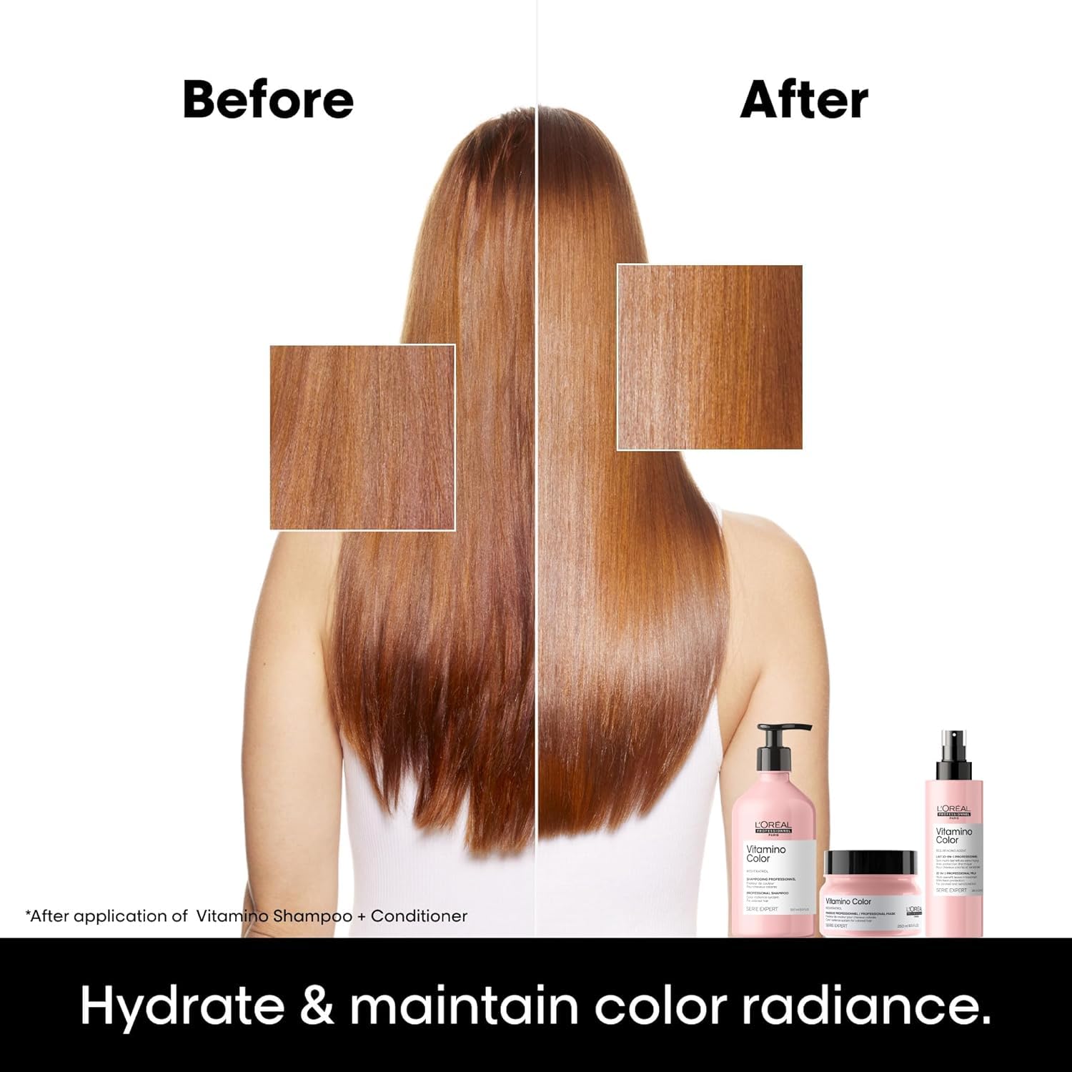 Before and after results using L'Oreal Color Mask for color-treated hair, showing improved shine and smoothness