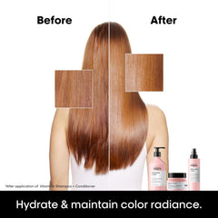 Before and after results using L'Oreal Color Mask for color-treated hair, showing improved shine and smoothness