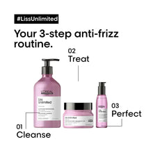 Pink hair serum bottle with pump, Liss Unlimited anti-frizz routine step treat