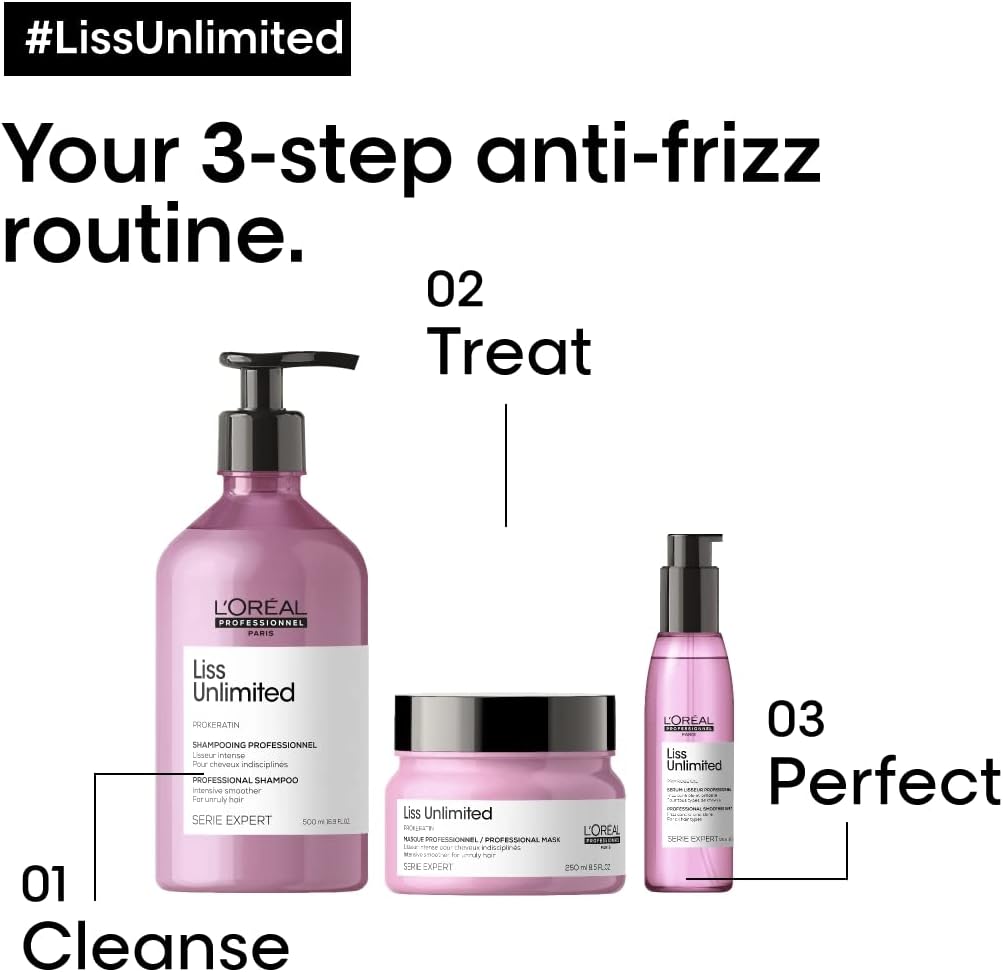 L'Oréal hair serum for frizzy hair alongside shampoo and treatment from Liss Unlimited range