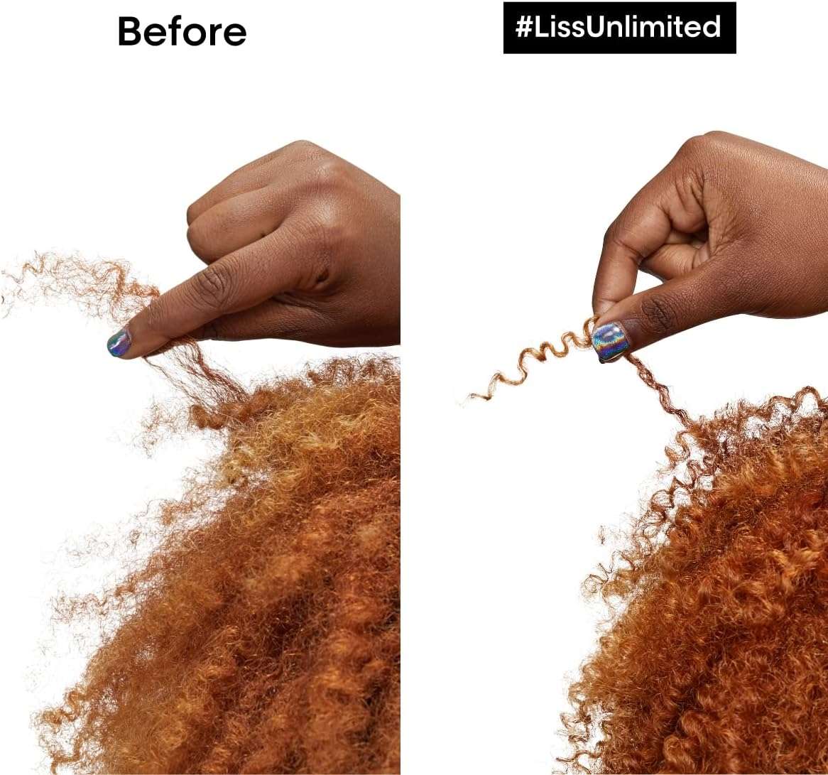 Before and after images showing the effectiveness of L'Oréal hair serum for frizzy hair on curly hair