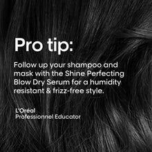 Dark hair strands with pro tip text overlay for blow-dry serum use