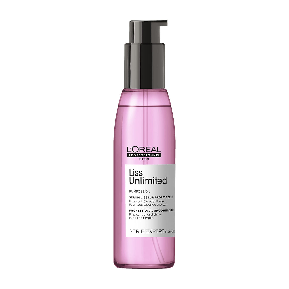 L'Oreal hair serum for frizzy hair in a sleek pink bottle promoting smooth and manageable locks
