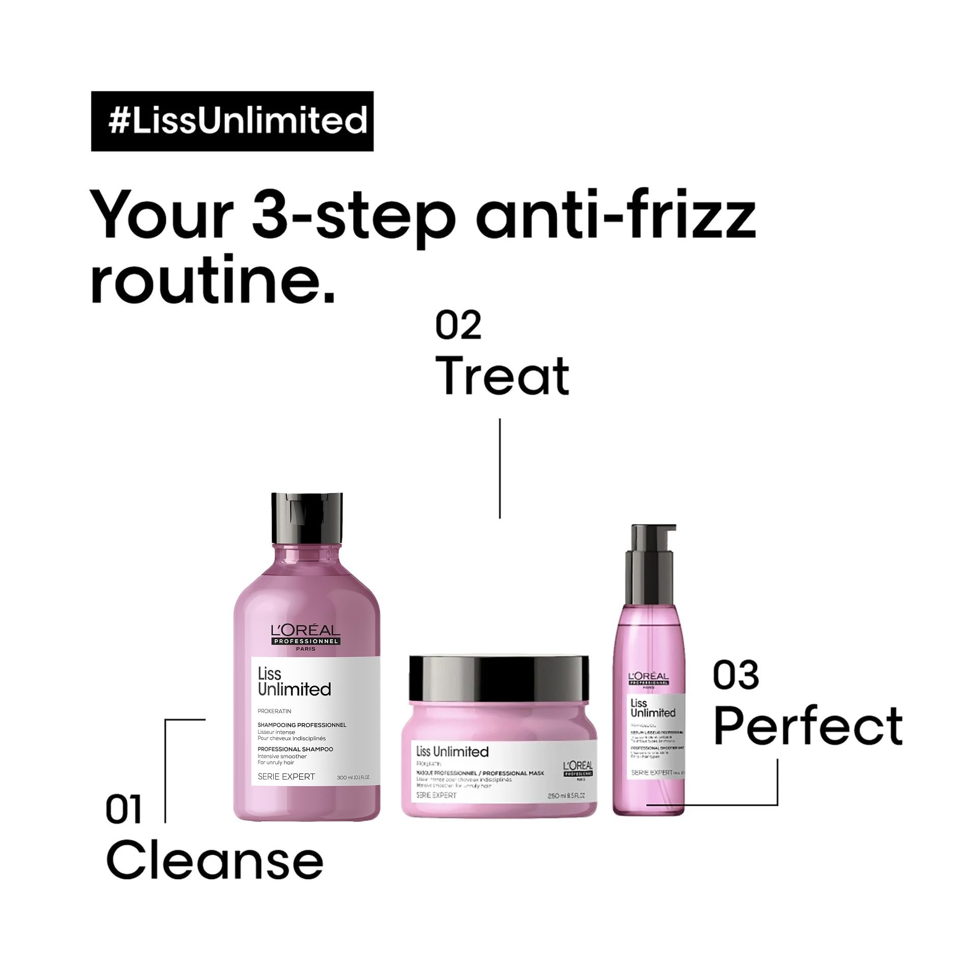 L'Oréal Liss Unlimited anti-frizz shampoo in a pink bottle for smooth, frizz-free hair care