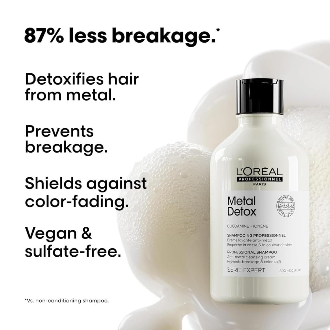 L'Oréal Metal Detox sulfate-free shampoo in a sleek bottle, designed to prevent hair breakage and color fading