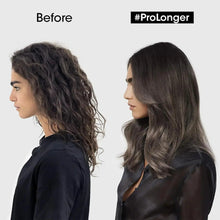 Before and after: long dark hair, left curly and right smooth side view