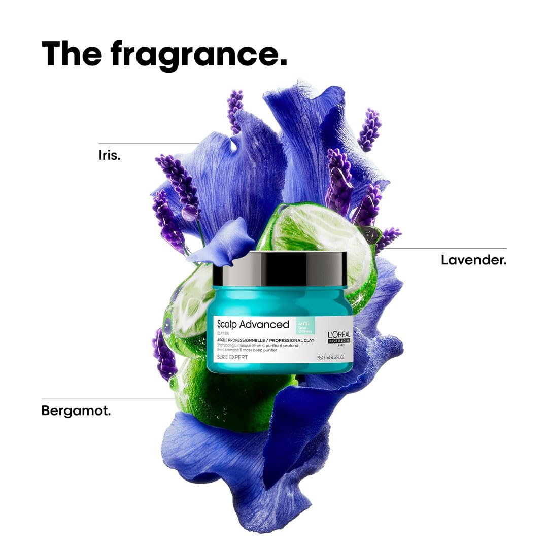 L'Oréal Professionnel anti-oil hair mask in a vibrant blue container with a floral background