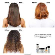 Before-and-after hair comparison: back view of smooth dark hair and lighter styled hair