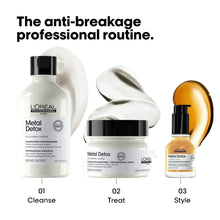 L'Oréal Metal Detox routine bottles set with black caps: cleanse, treat, and style