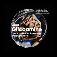 Glycoamine metal-trapping hair fiber graphic with an iridescent orb